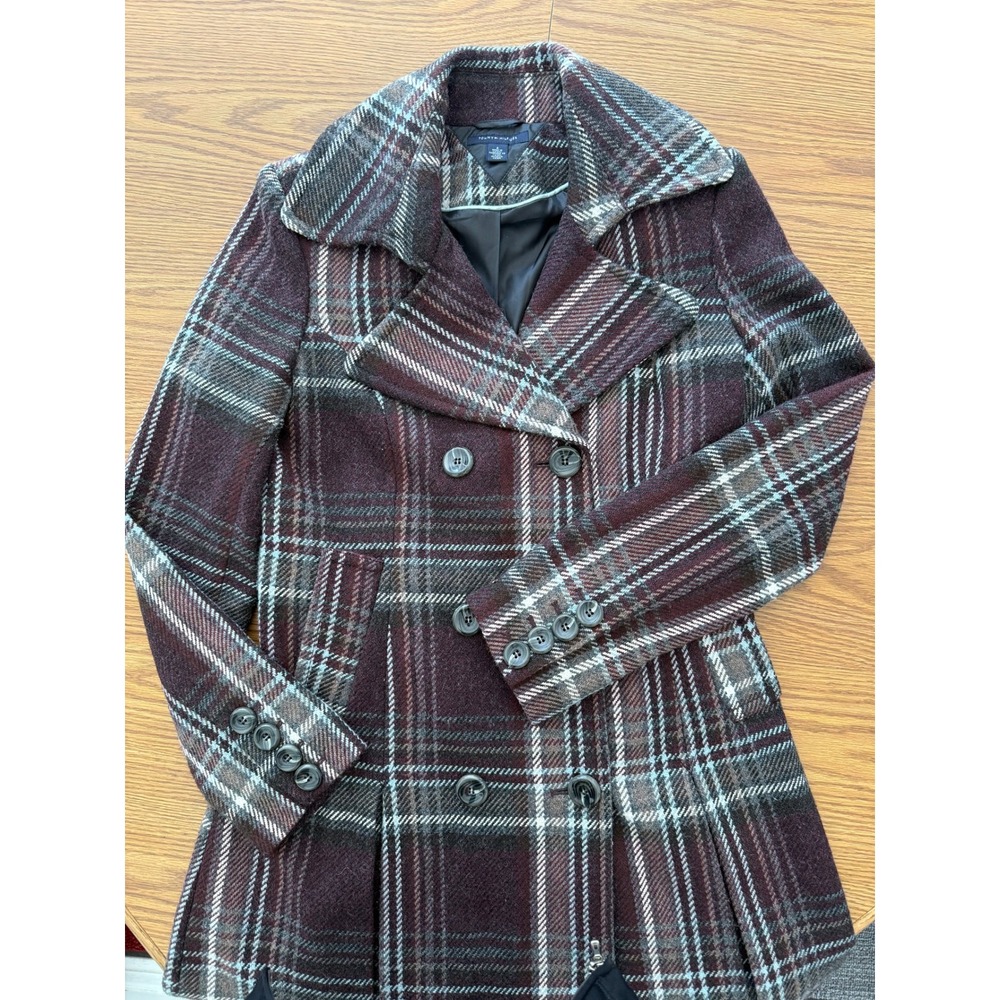 Tommy Hilfiger Plaid Wool Blend Double Breasted Midi Coat Maroon Purple Grey 4